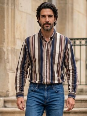 Vintage 90s Links Edition Vertical Stripe Earth Tones Button Down Shirt XL EUC